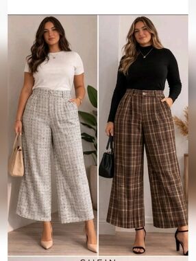 Lot of 2 SHEIN XL (12) Wide Leg Twill Pants Gray & Brown Plaid